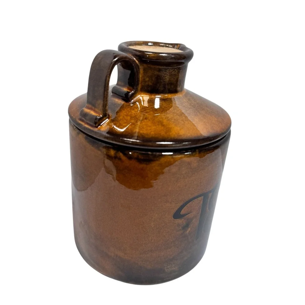 Vintage Holiday Designs Brown Glazed Ceramic TEA Canister Jug Lid USA